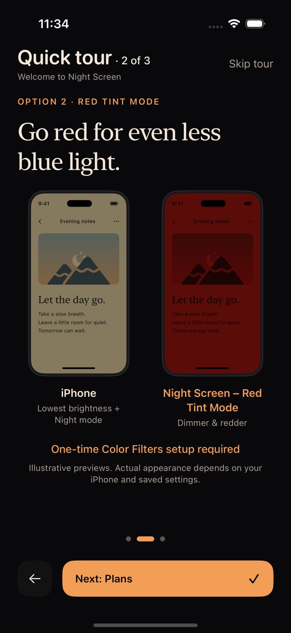 Comparison of iPhone at lowest brightness with Night Shift and the dimmer, redder Red Tint mode